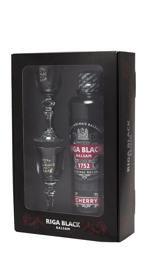 Riga Black Balsam Cherry suvenīrkastē ar 2 glāzēm